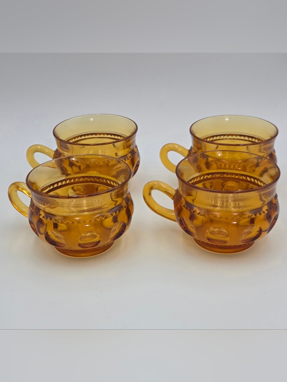 Set 4 MCM Vintage Indiana Amber Glass Thumbprint Kings Crown Cup 1960 Excellent